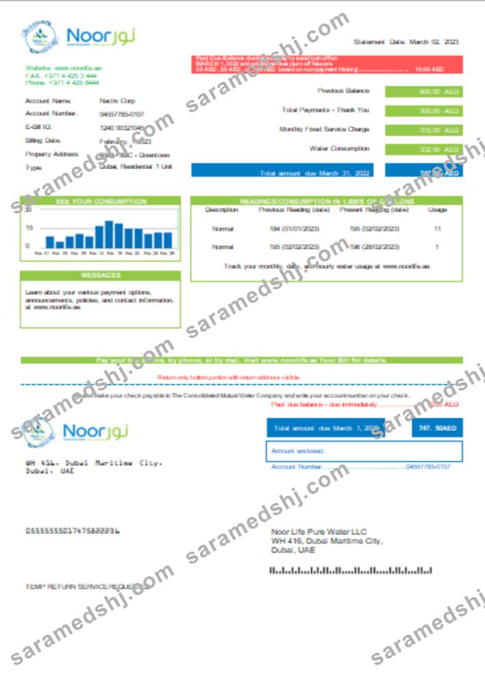 Noor Life Pure Water LLC utility business bill,  SCR